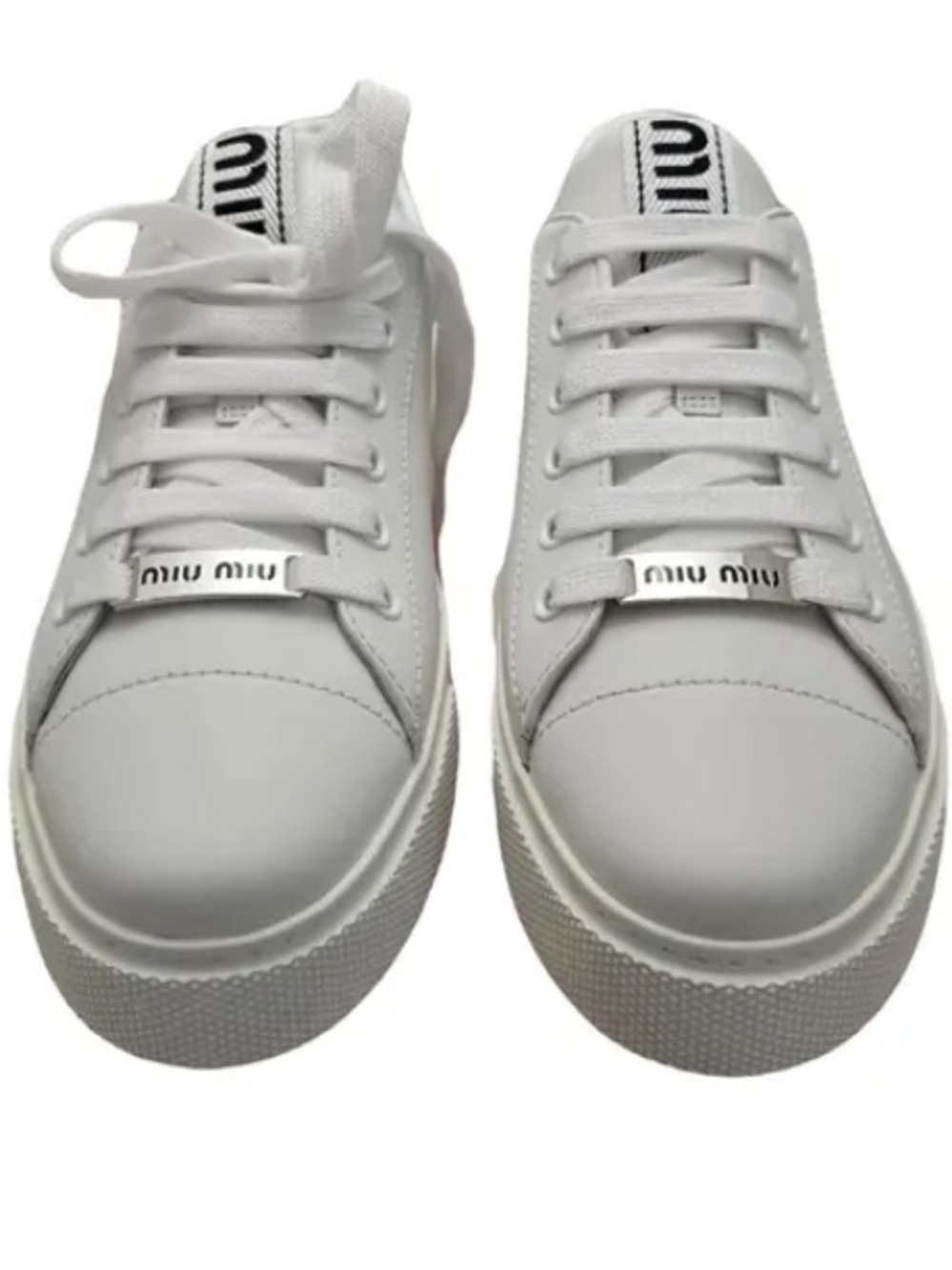 Miu Miu White Leather Low-Top Sneakers with Branded Metal Accent